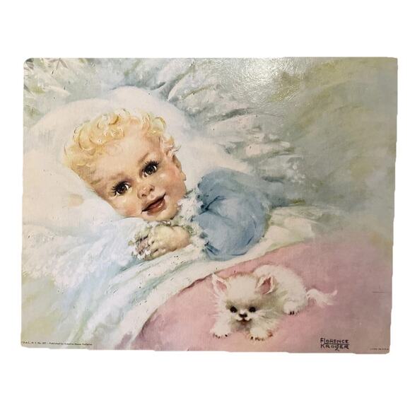 Florence Kroger Print Wake Up Time 11X14 Child Kitten Vintage - Picture 1 of 10
